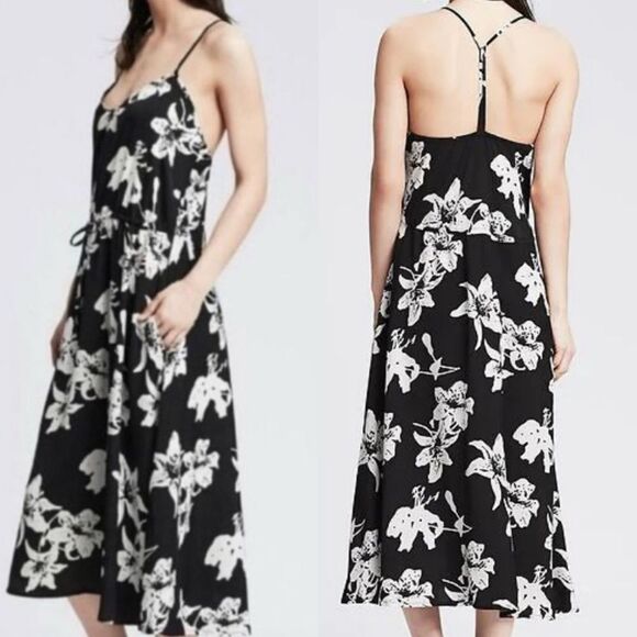 Banana Republic Black and White Floral Midi Dress Size 8P - Picture 1 of 12